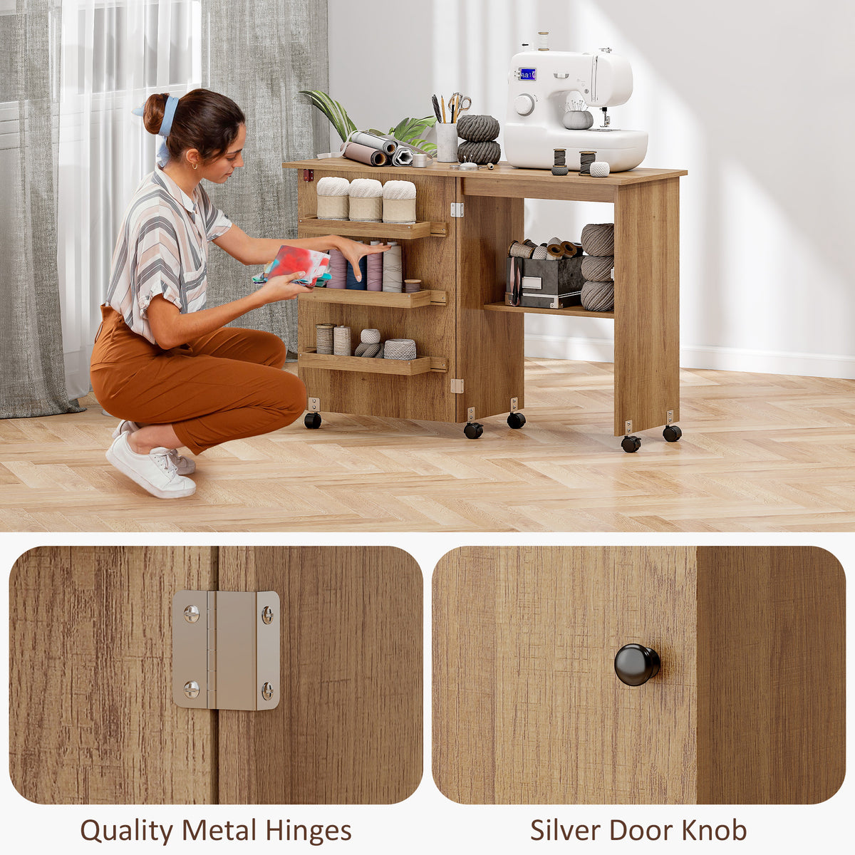 Mesa de costura plegable, mueble de costura abatible con cajones de almacenamiento, estante abierto y ruedas, marrón