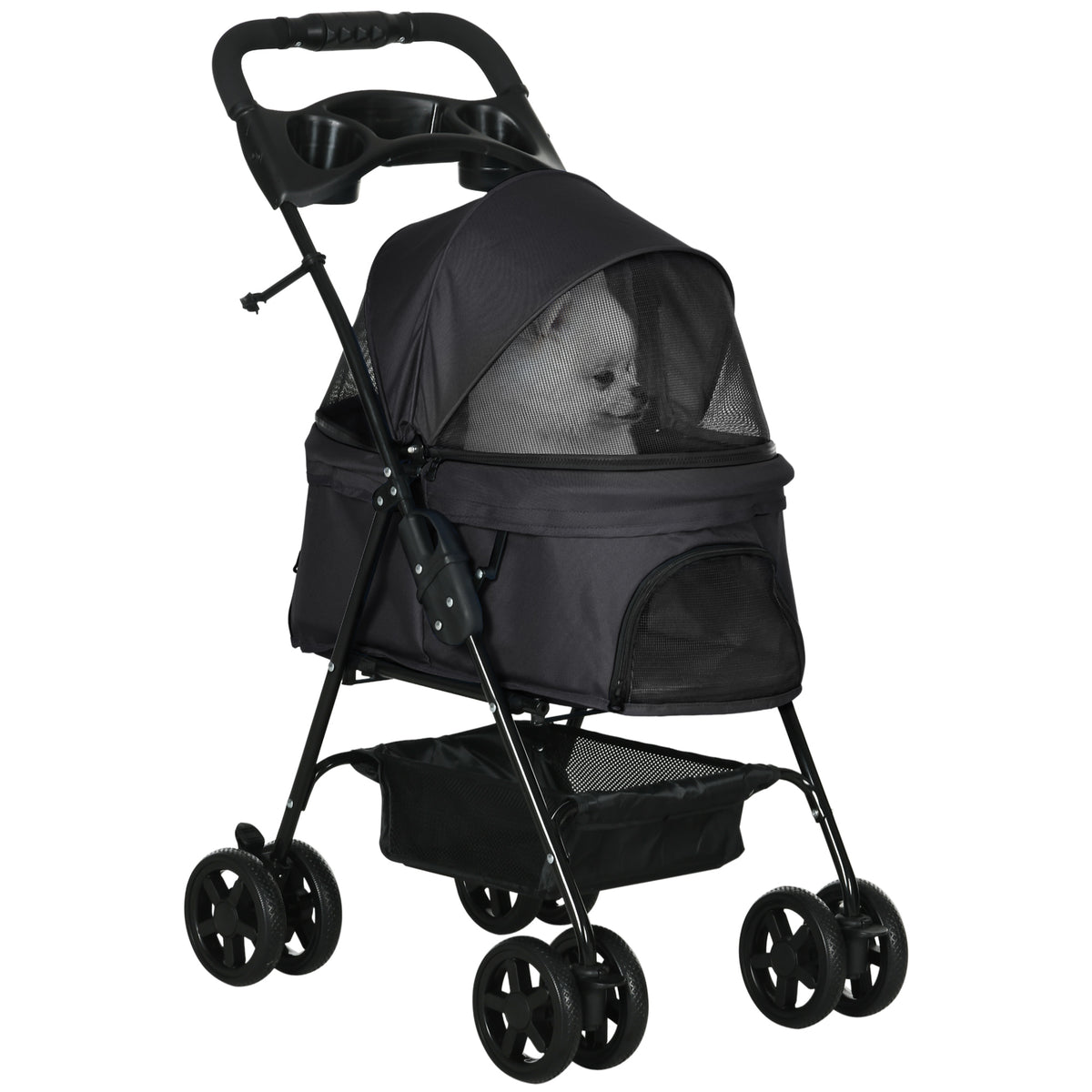 Poussette Buggy Pliable Chien Chat Panier Rangement Porte-Gobelets Tissu 300D Oxford Imperméable 4 Roues Noir