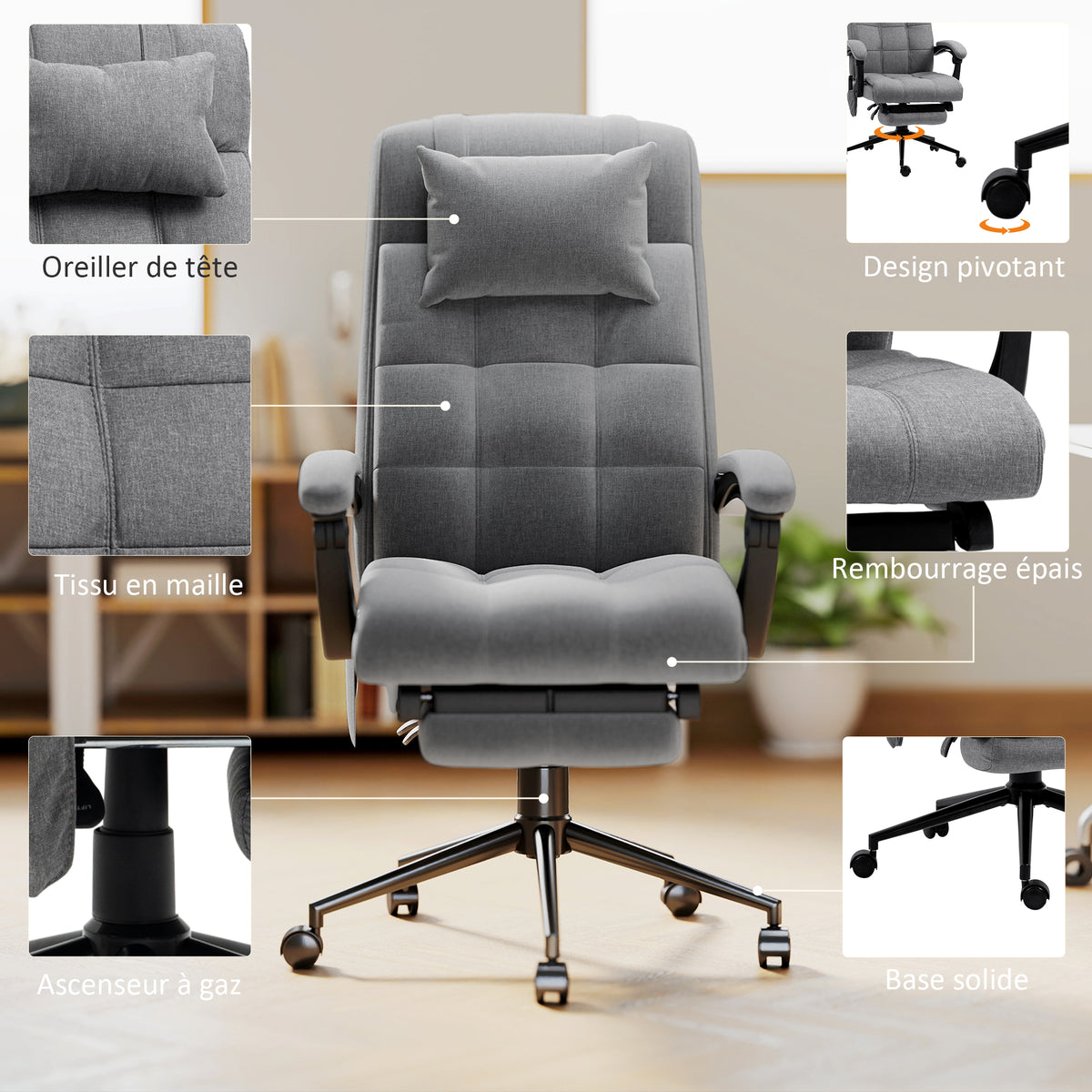 Chaise de bureau de massage chauffante réglable en hauteur de 116-124 cm ergonomique inclinable tissu effet lin, gris