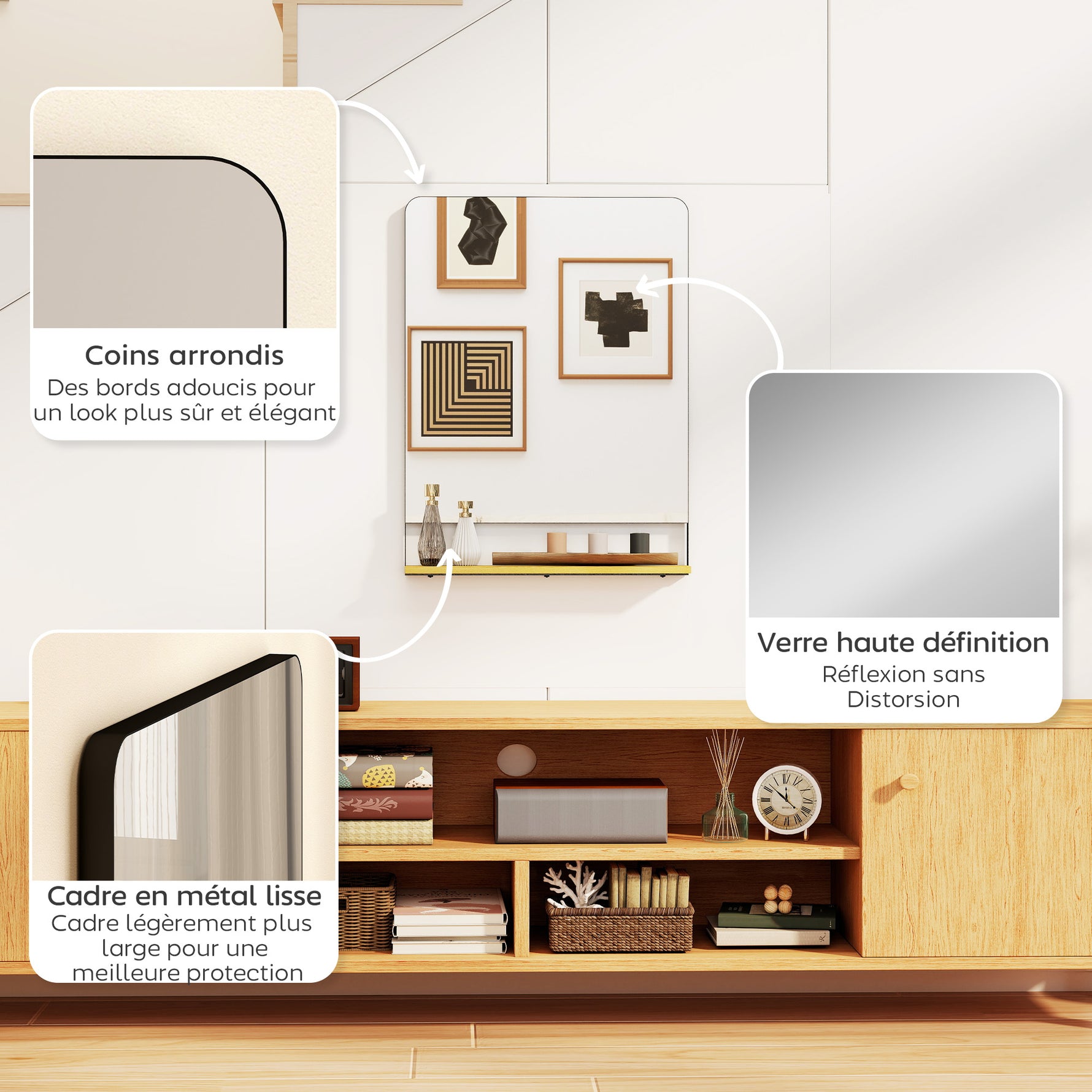 Miroir mural 80 x 60 cm avec étagère en bois, miroir rectangulaire moderne avec cadre en métal, noir