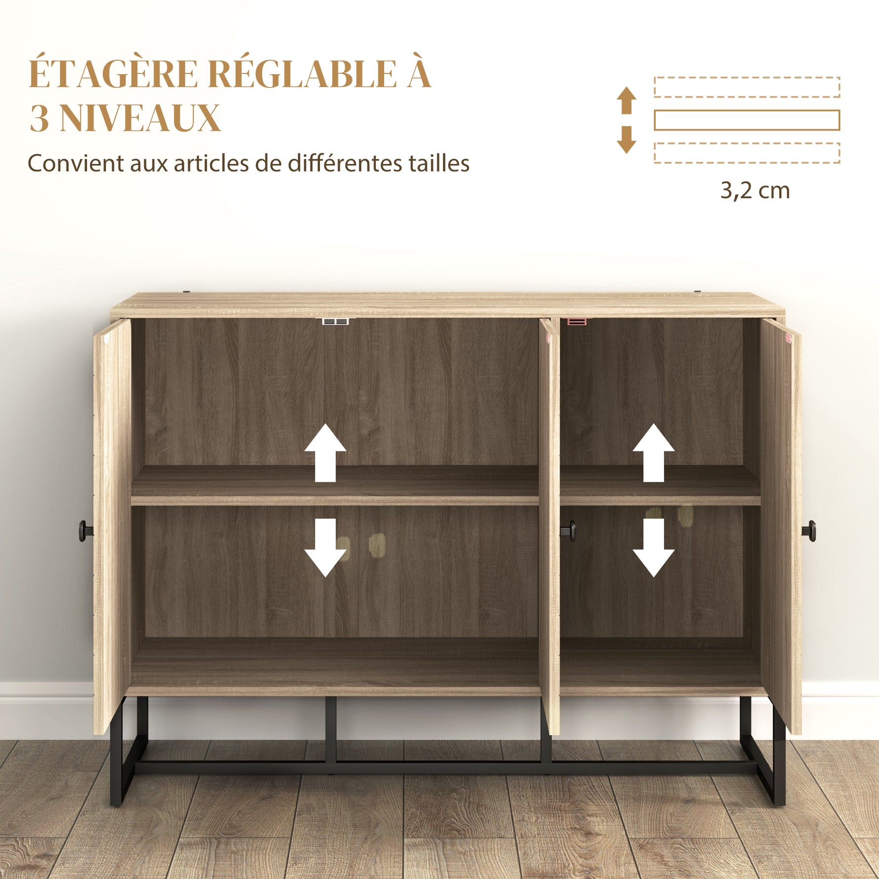 Buffet salon meuble de rangement armoire de cuisine avec placard 2 portes et étagères réglables 108 x 40 x 80 cm, chêne