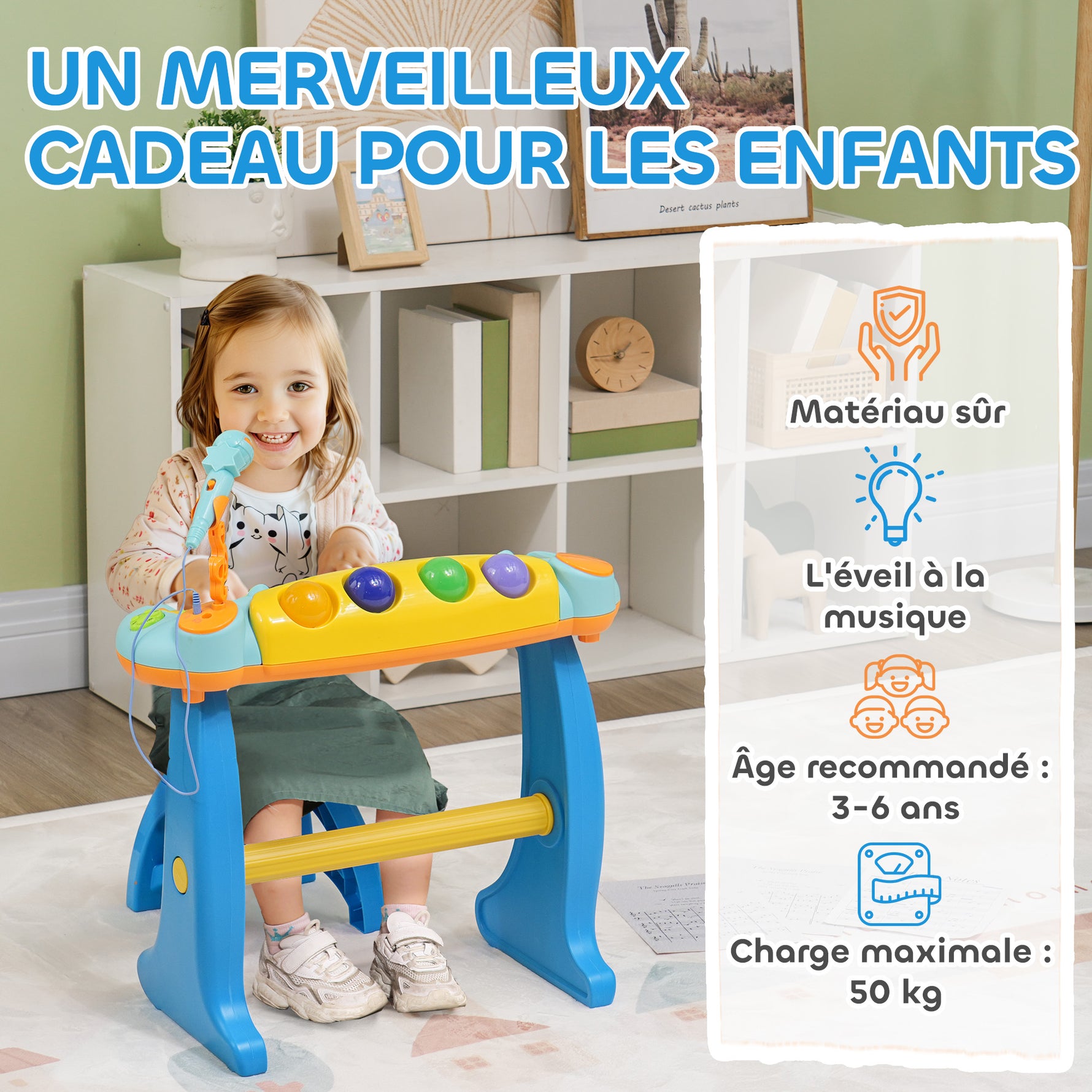 Piano enfant électronique 37 touches, avec micro, tabouret, lumière LED, fonction d'enregistrement et de relecture