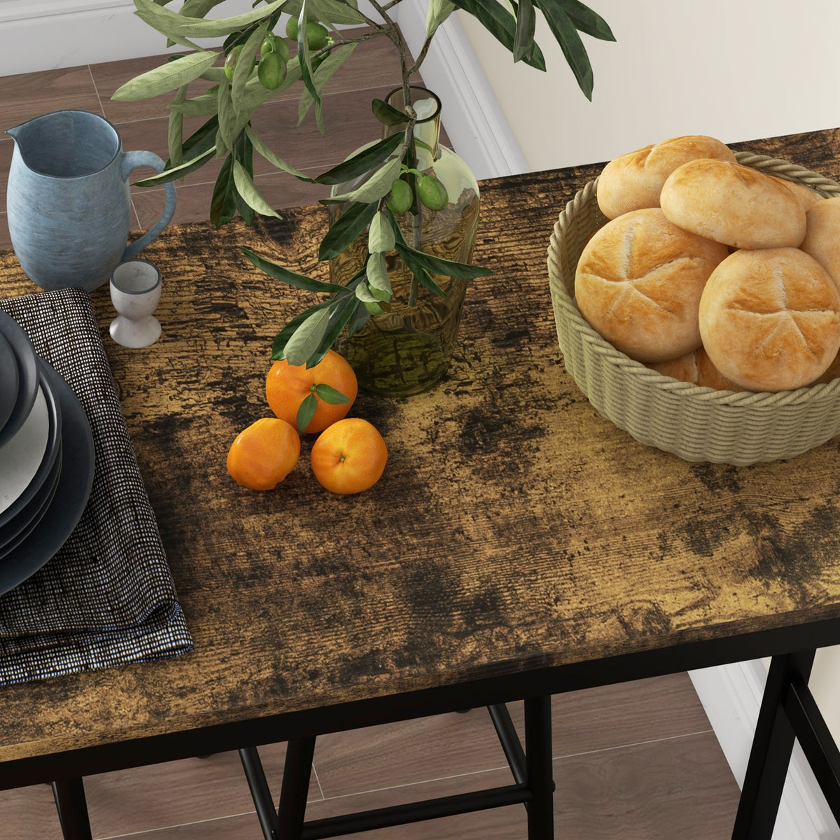 Conjunto de mesa alta de bar + 2 taburetes, estructura de acero, tablero con efecto madera de caoba, para 2 personas, negro