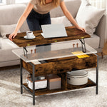 Table basse relevable et extensible, table de salon avec compartiment caché étagères ouvertes, 98x49x55cm, brun rustique-6