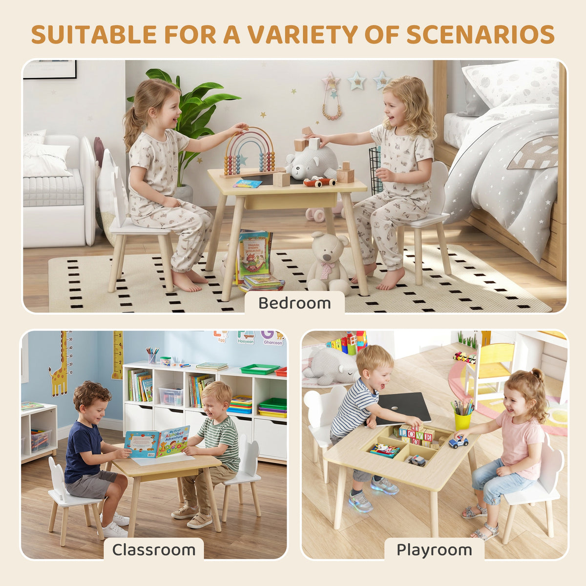Ensemble 1 table et 2 chaise 3 pièces pour enfants avec plateau réversible espace de rangement bois naturel