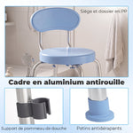 Tabouret de Douche Ronde Pivotant 360°, Hauteur Réglable, Dossier, Pieds Antidérapants, 38,5x37,5x75cm, Bleu Clair