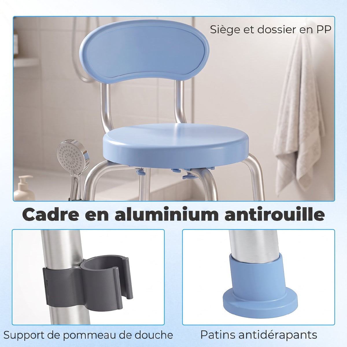 Tabouret de Douche Ronde Pivotant 360°, Hauteur Réglable, Dossier, Pieds Antidérapants, 38,5x37,5x75cm, Bleu Clair