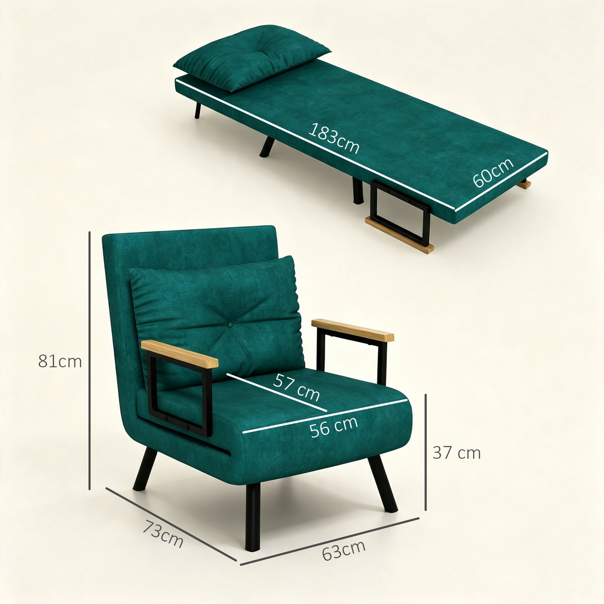 Fauteuil convertible 1 place fauteuil-lit chauffeuse 3 en 1 dossier réglable oreiller tissu velours 63x73x81cm vert