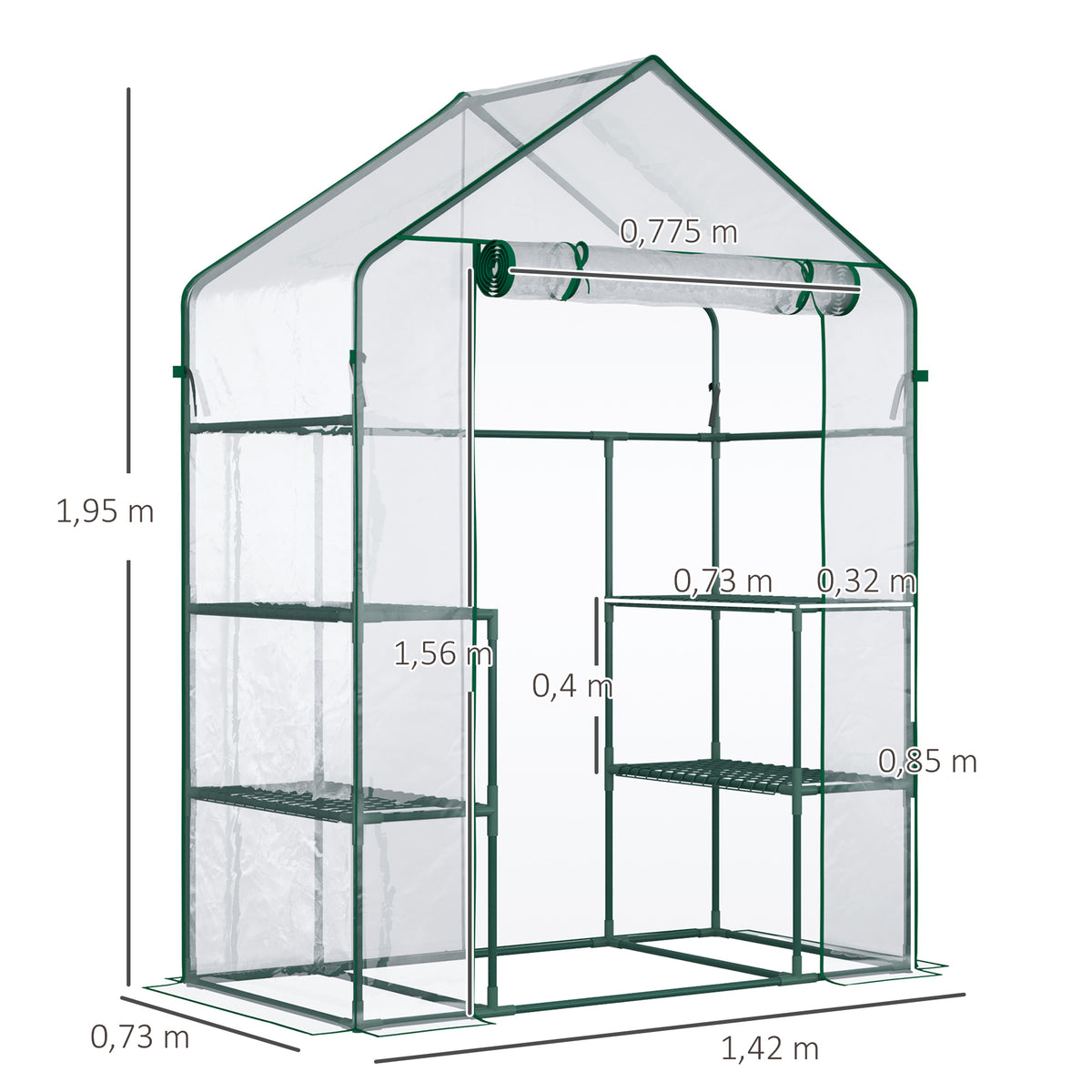 Serre de jardin 4 tablettes acier PVC haute densité 140 g/m² anti-UV 142 x 73 x 195 cm transparent vert