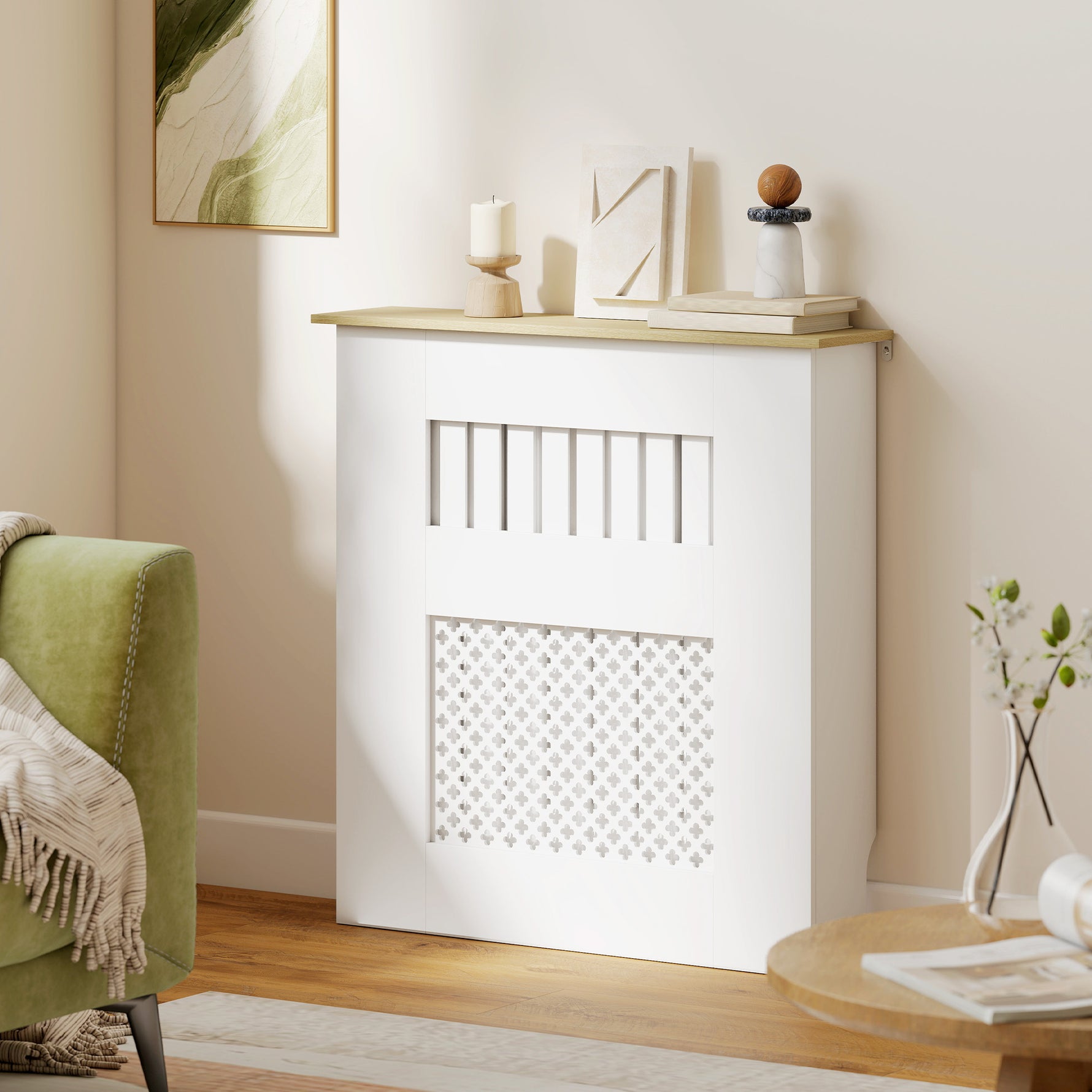 Couvercle de Radiateur en Bois à Lattes avec Détails Croisés et Étagère Supérieure, 78 x 19 x 81 cm, Blanc