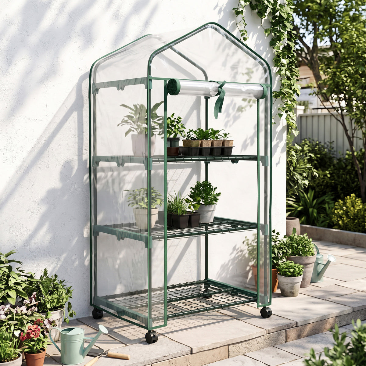 Mini serra da giardino con 3 ripiani, telo in PVC ad alta densità, porta avvolgibile, 4 ruote, 69 x 49 x 130 cm, trasparente