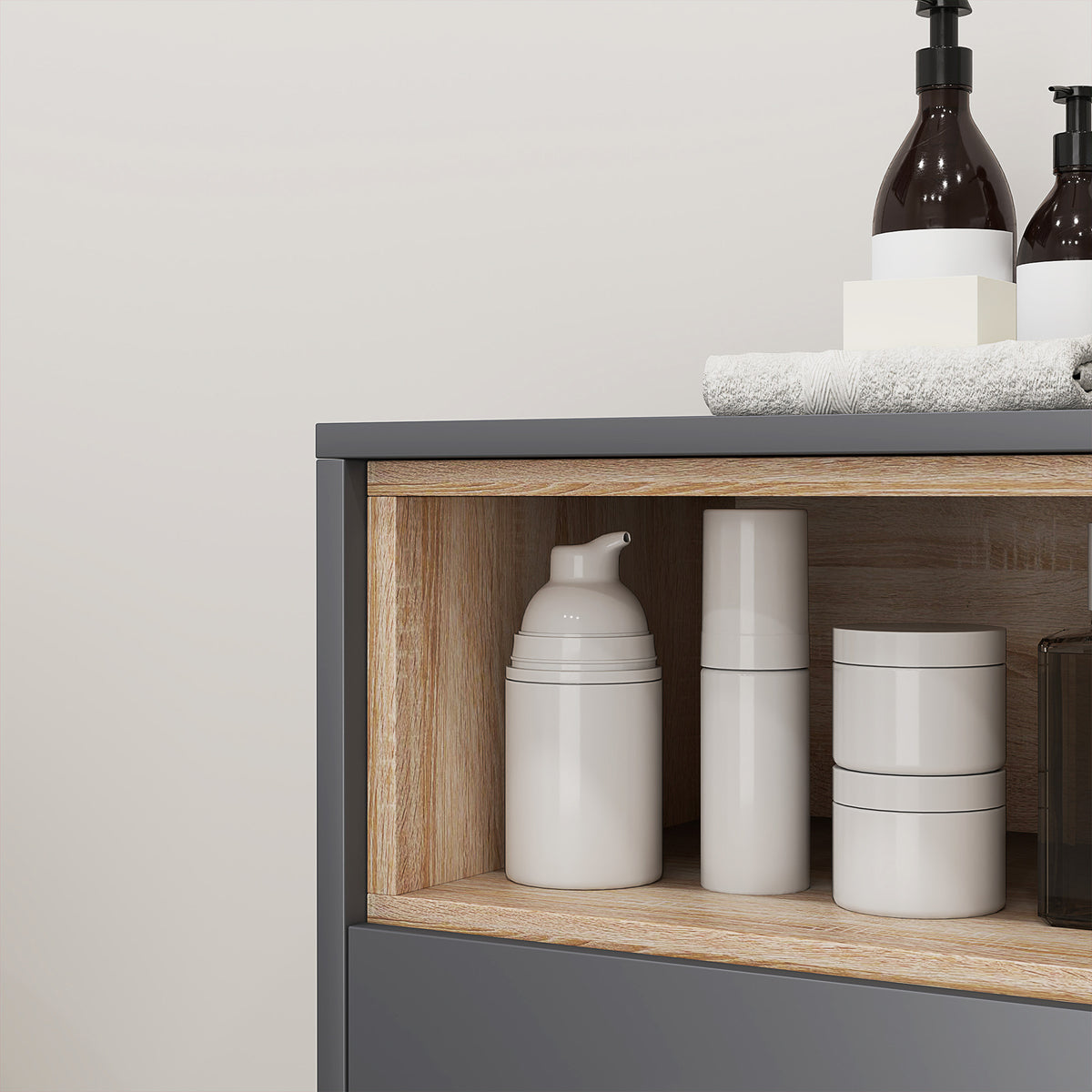 Badezimmerschrank, moderner Aufbewahrungsschrank mit offenen Fächern und Doppeltüren
