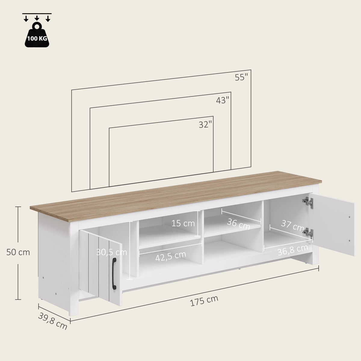 Meuble TV 175 cm, Meuble Télé pour Téléviseur jusqu'à 55 Pouces avec 2 Portes et 4 Compartiments Ouverts, Chêne et Blanc