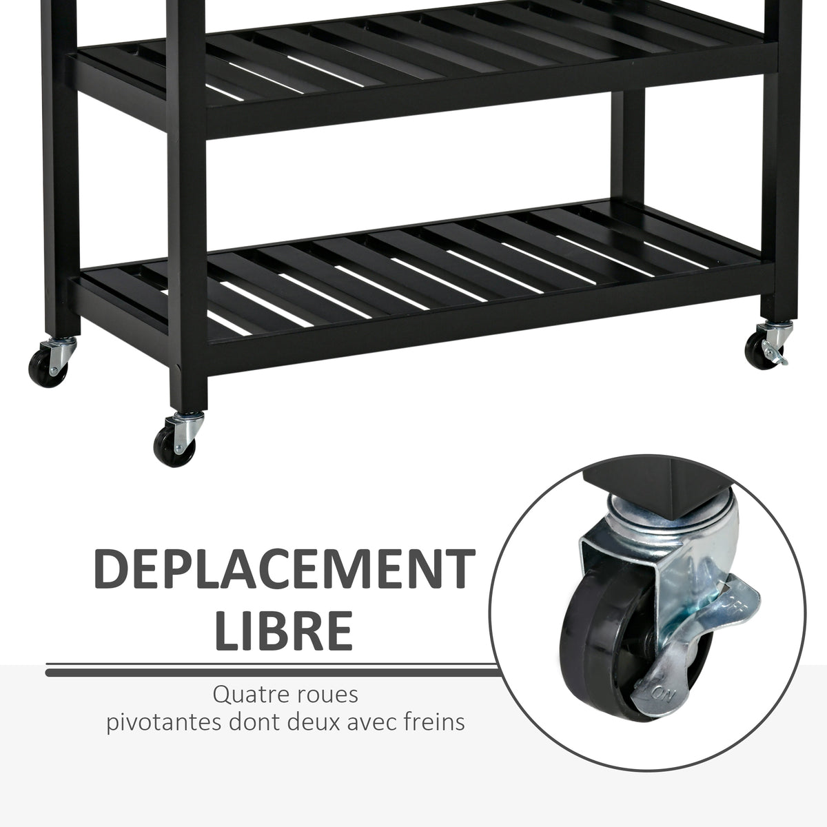 Chariot de service desserte de cuisine à roulettes 2 étagères 2 tiroirs noir bois naturel