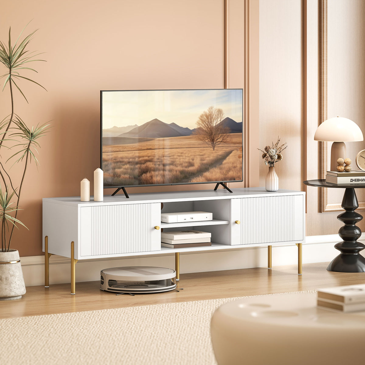 Meuble TV, meuble télé jusqu'à 65 pouces avec 2 portes, 2 compartiments ouverts, pieds en acier, 140x38x45,9cm, blanc