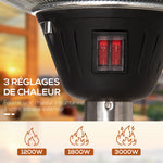 Parasol chauffant électrique 3000W chauffage d'appoint sans CO₂ 13 m² et IP44 - chauffage infrarouge sur pied 3 puissances de chauffe - hauteur réglable de 160 à 200 cm acier inox. argent