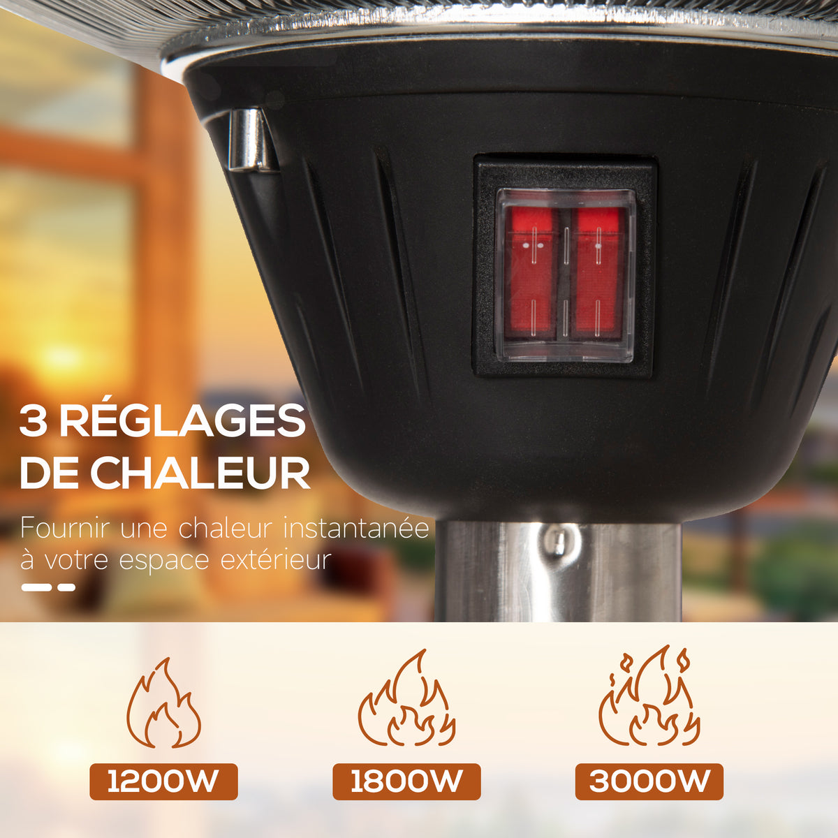 Parasol chauffant électrique 3000W chauffage d'appoint sans CO₂ 13 m² et IP44 - chauffage infrarouge sur pied 3 puissances de chauffe - hauteur réglable de 160 à 200 cm acier inox. argent