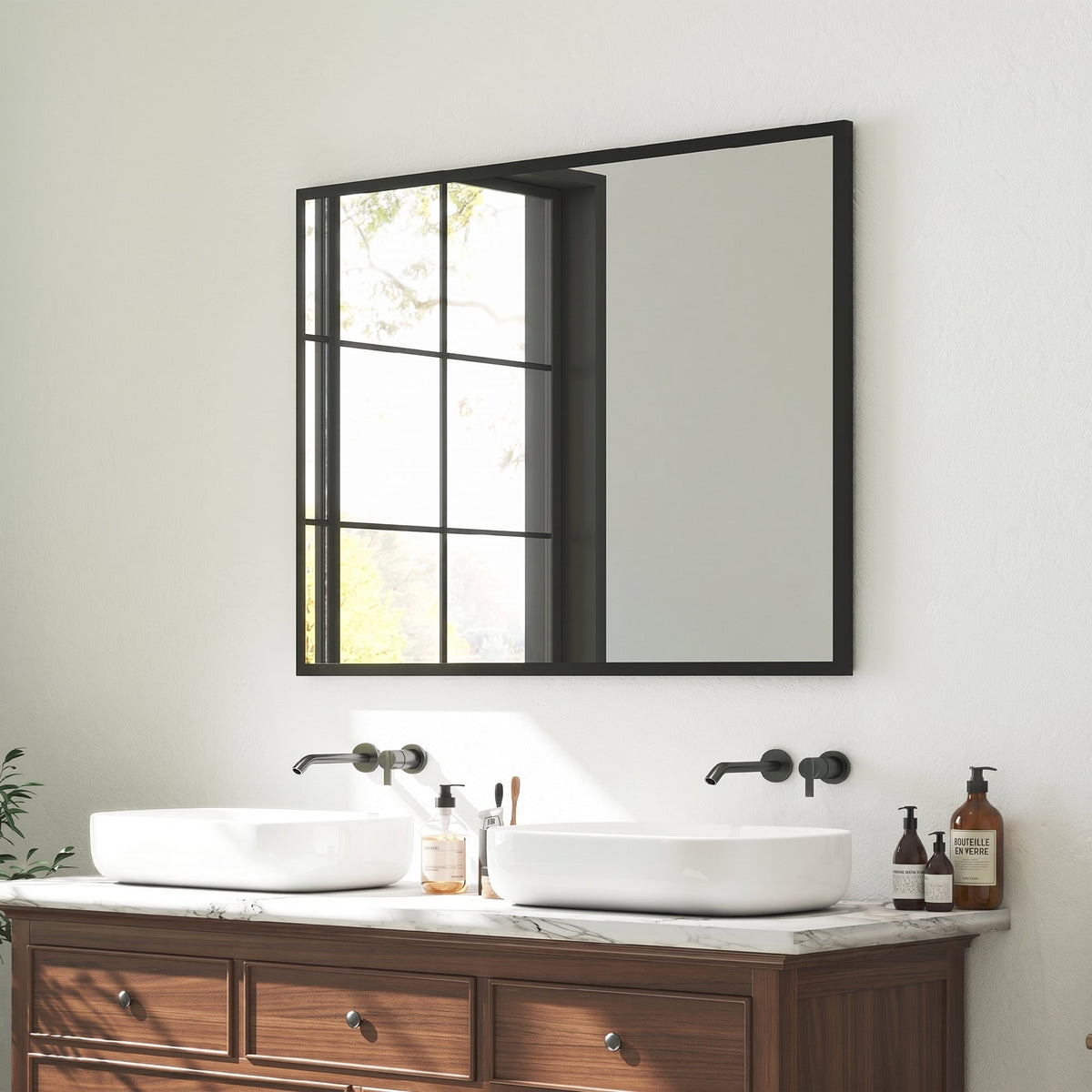 Miroir mural rectangulaire 76 x 101 cm, cadre en bois noir, idéal pour la salle de bain, salon ou chambre