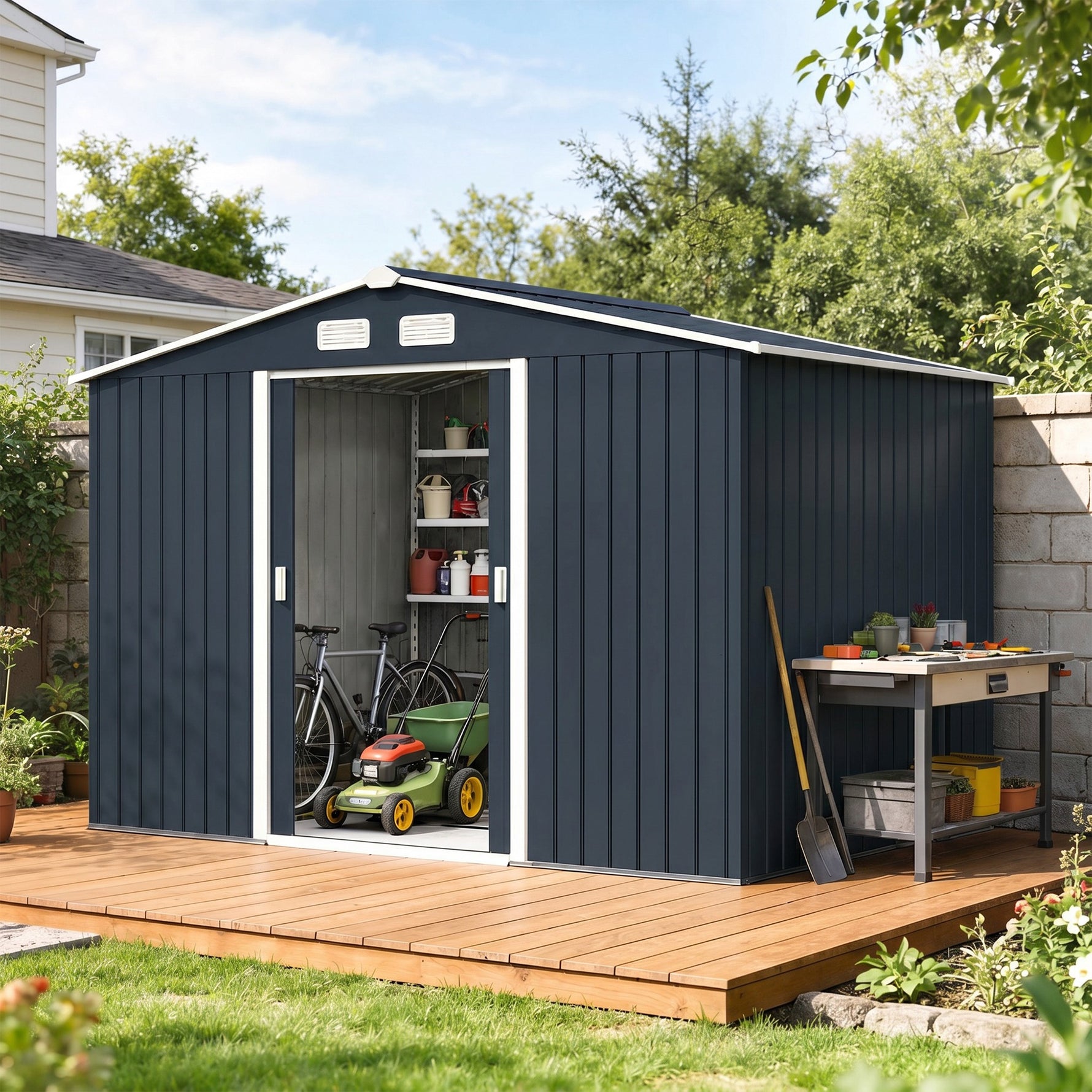 Abri de jardin 5,4 m² 2,77 x 1,95 x 1,92 m kit de fondation porte coulissante ventilations acier galvanisé, gris foncé