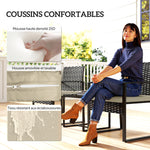 Salon de jardin extérieur en résine tressée 2 personnes, table de jardin avec 2 chaises, plateau en verre trempé, marron