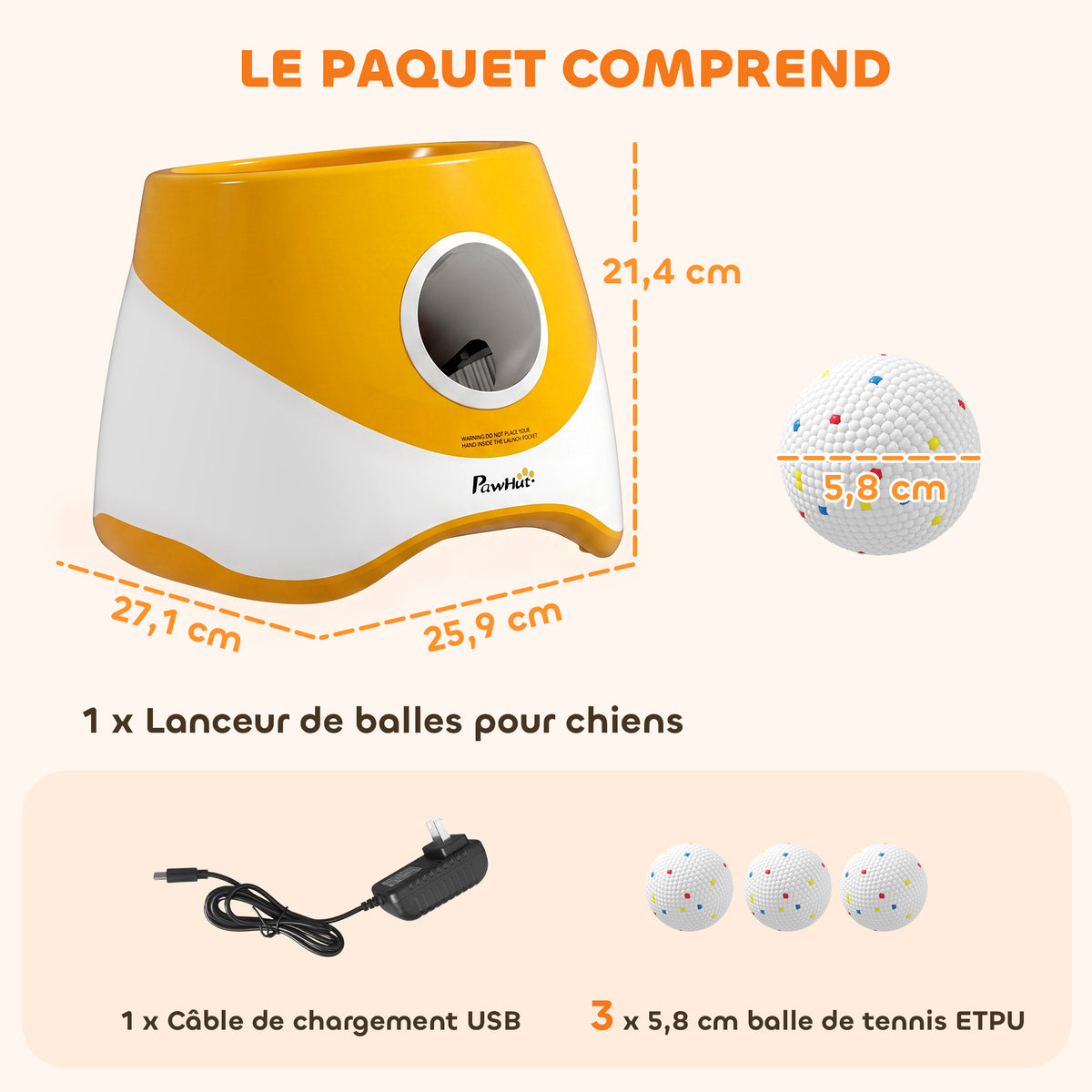 Lanceur de Balles Automatique avec 3 Balles en ETPU, 3 Réglages de Distance 6m/10m/14m, Intérieur et Extérieur, Orange