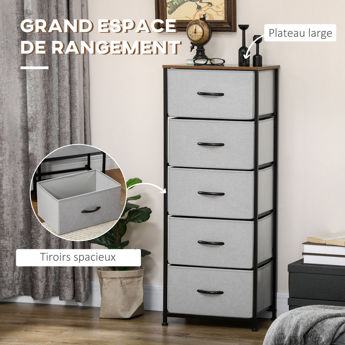 Commode 5 tiroirs meuble de rangement tiroir en tissu pliant - structure acier noir - 45 x 30 x 116 cm gris