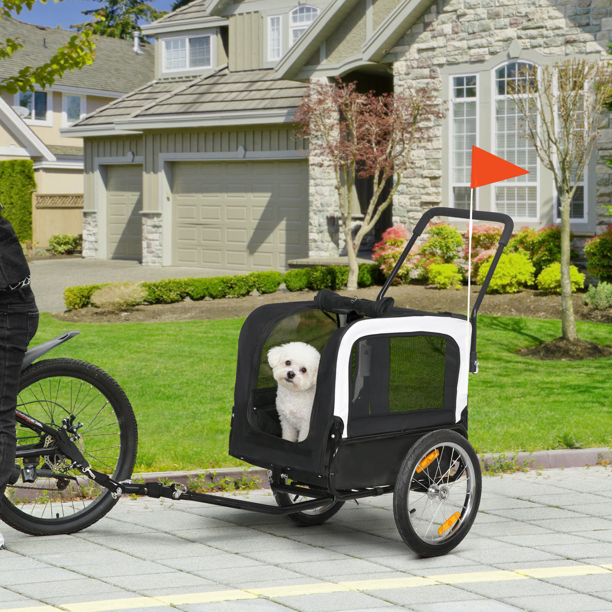 Remorque vélo jogger 2 en 1 pour animaux de compagnie drapeau roue avant pivotante réflecteurs noir