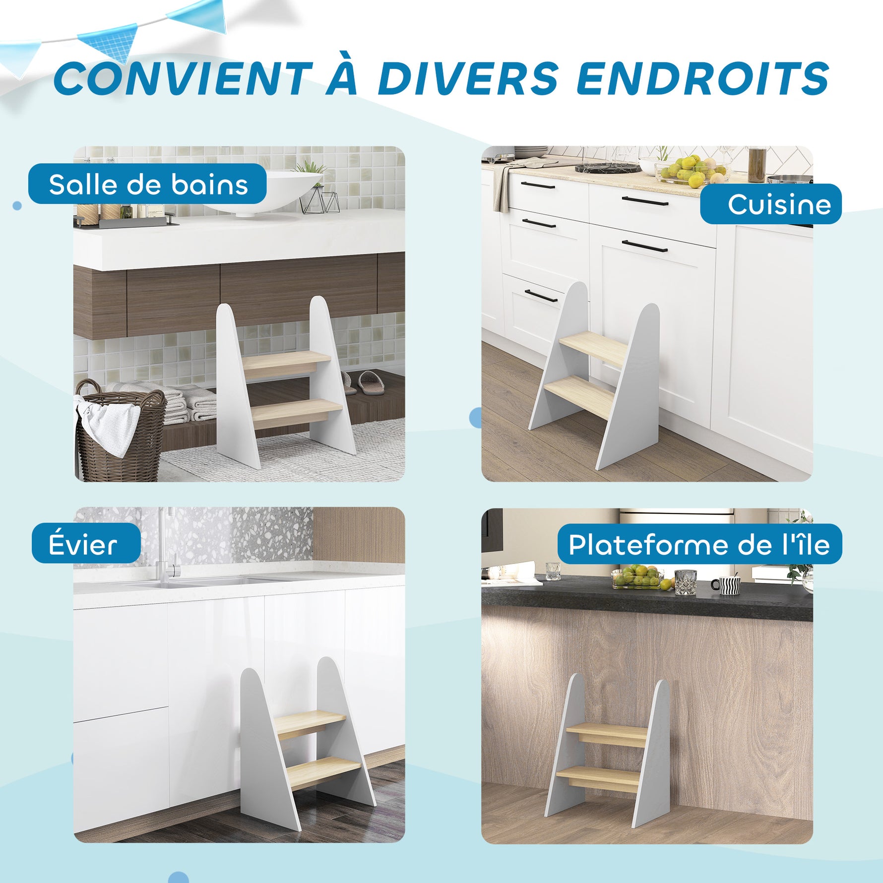 Marche pied enfant marchepied enfants 2 marches pour enfants 3 à 8 ans en bois charge max. 20 kg blanc