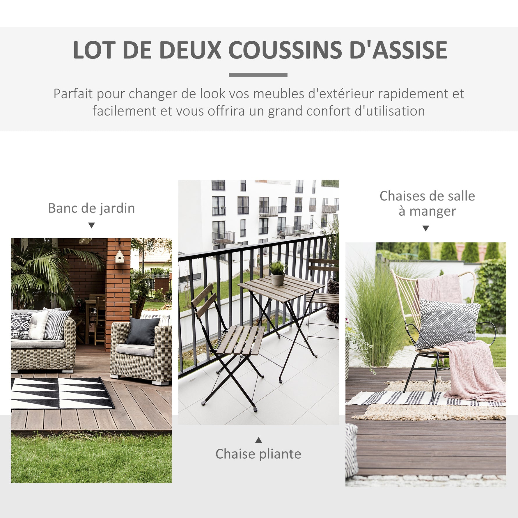 Lot de 2 Coussins de Chaise Fauteuil de Jardin Coussins d'assise déhoussables Rembourrage 5 cm Polyester Gris clair