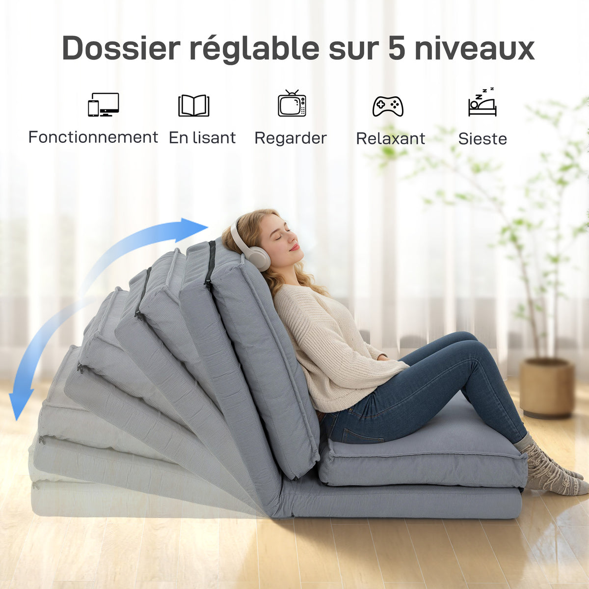 Fauteuil de sol pliable en velours côtelé, matelas de sol avec dossier réglable en 5 positions, 59 x 230 x 15 cm, gris