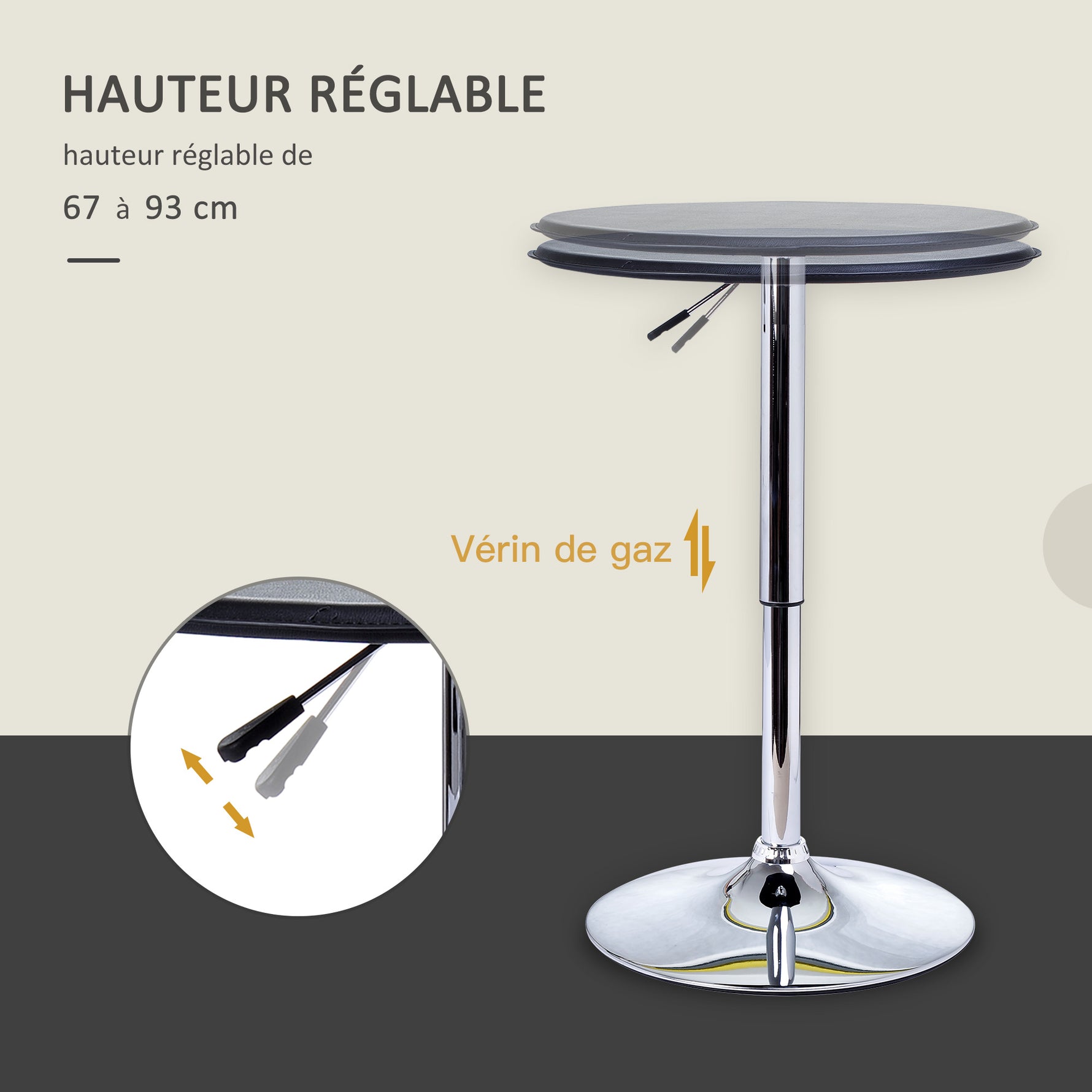 Table de Bar Table Bistro Mange-debout Chic Style Contemporain Hauteur réglable 67-93 cm Ø 63 cm Plateau