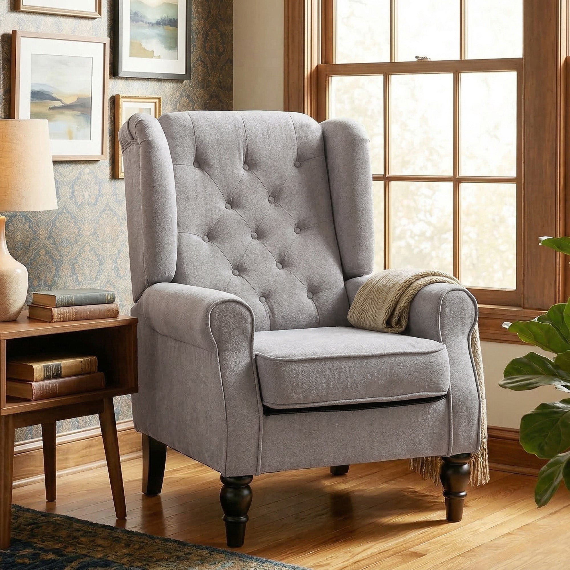 Fauteuil de salon capitonné avec assise large, pieds en bois, style classique, grand confort, 74 x 86 x 102 cm, gris