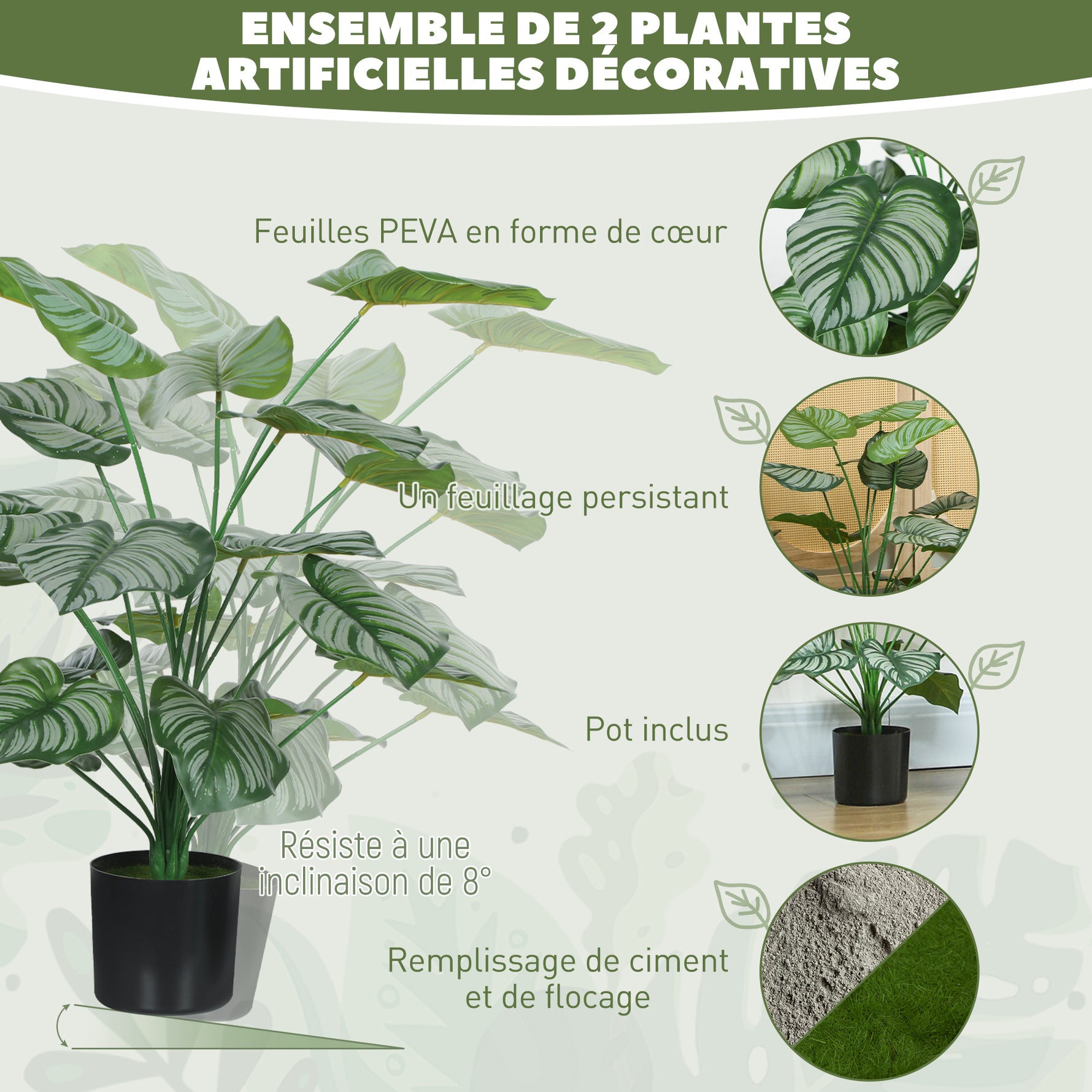 Lot de 2 plantes artificielles intérieures 65 cm, arbre artificiel avec pot en plastique et flocage, vert