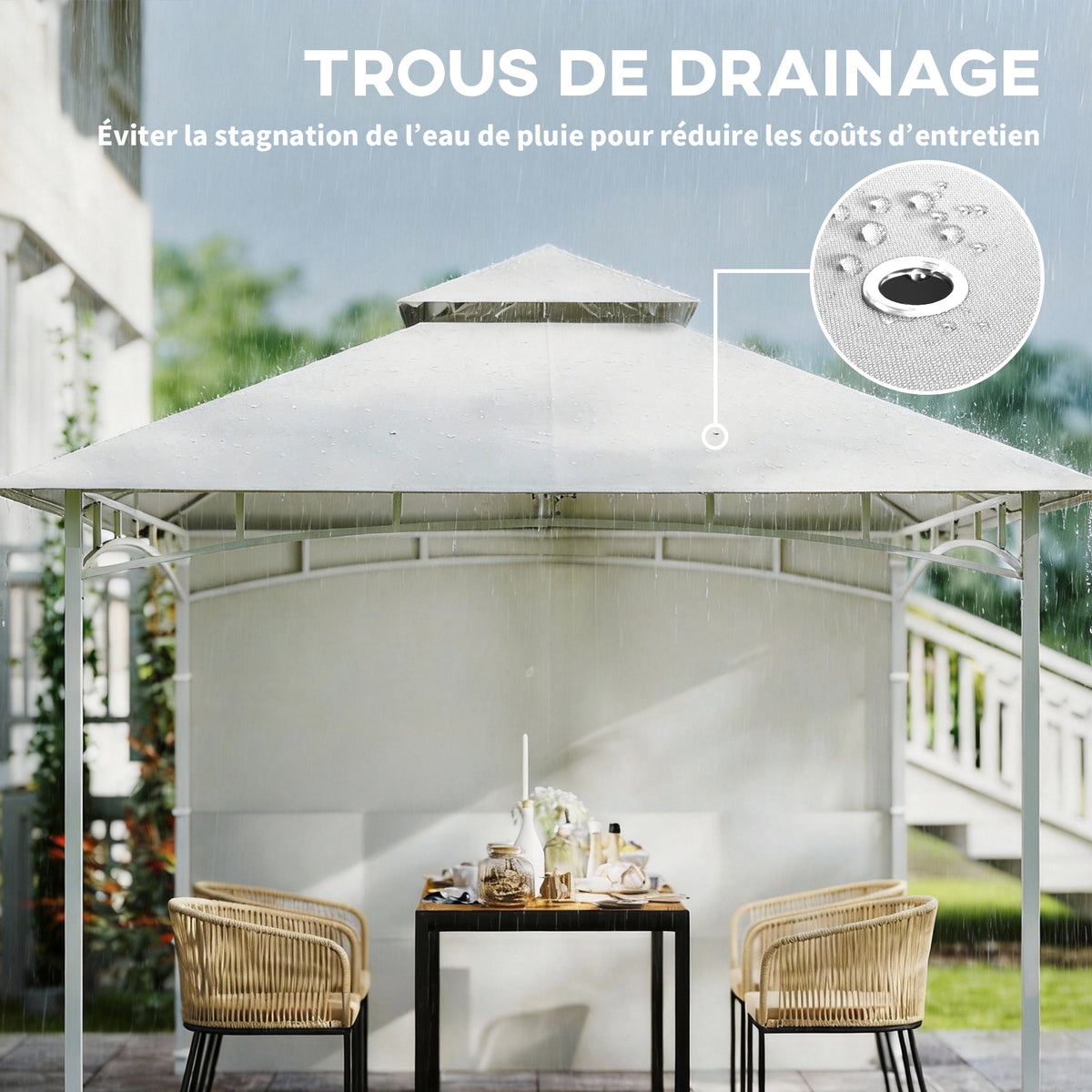 Pavillon Tonnelle de Jardin Toit Double Rideaux et Poches de Rangement Crochet de Plafond 3 x 3 m Crème