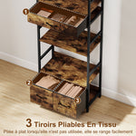 Bibliothèque étagère de rangement à 6 niveaux avec 4 étagères, 3 tiroirs en tissu, 60x30x176cm, brun rustique
