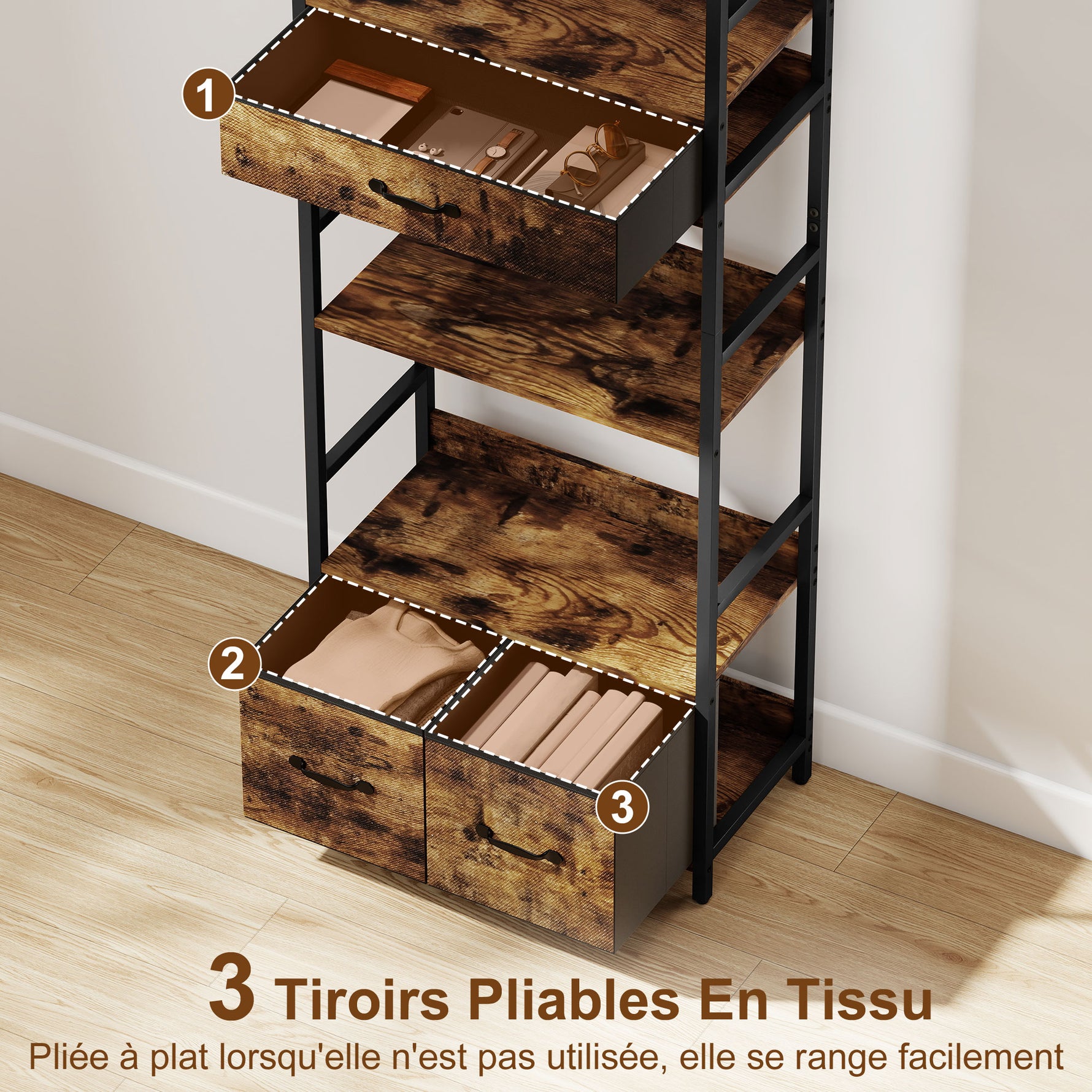 Bibliothèque étagère de rangement à 6 niveaux avec 4 étagères, 3 tiroirs en tissu, 60x30x176cm, brun rustique