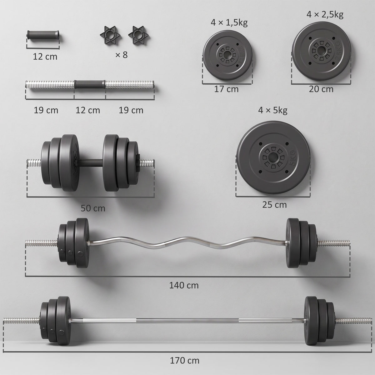 Hantel-Set 50 kg 3-in-1, Verstellbare Gewichte mit PP-Beschichtung, Rutschfester Stange, Sicherung, Schwarz