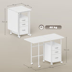 Bureau d'ordinateur pliable sur roulettes, bureau avec rangement, 3 tiroirs, plateau extensible, 105x51x75,5cm, blanc