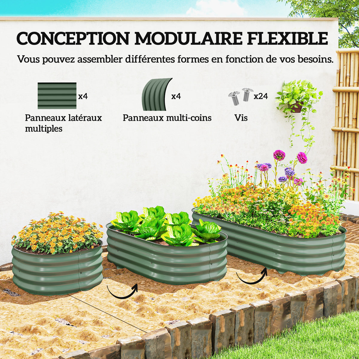 Jardinière surélevée carré potager de jardin en acier modulable légumes, plantes, fleurs, dim. 150 x 62 x 30 cm vert-3