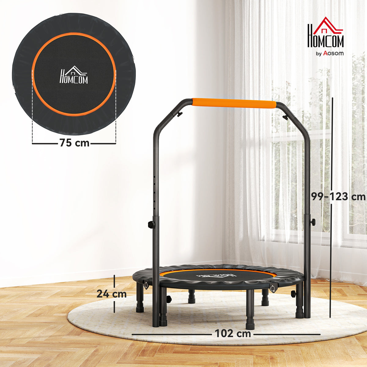Fitness-Trampolin mit verstellbarem Haltegriff, klappbar, 6 Beine, 28 Federn, Ø 102 cm, schwarz-orange