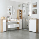 Meuble de salle de bain, meuble de rangement, tiroir et placard double porte, 60x30x90cm, blanc et effet bois naturel