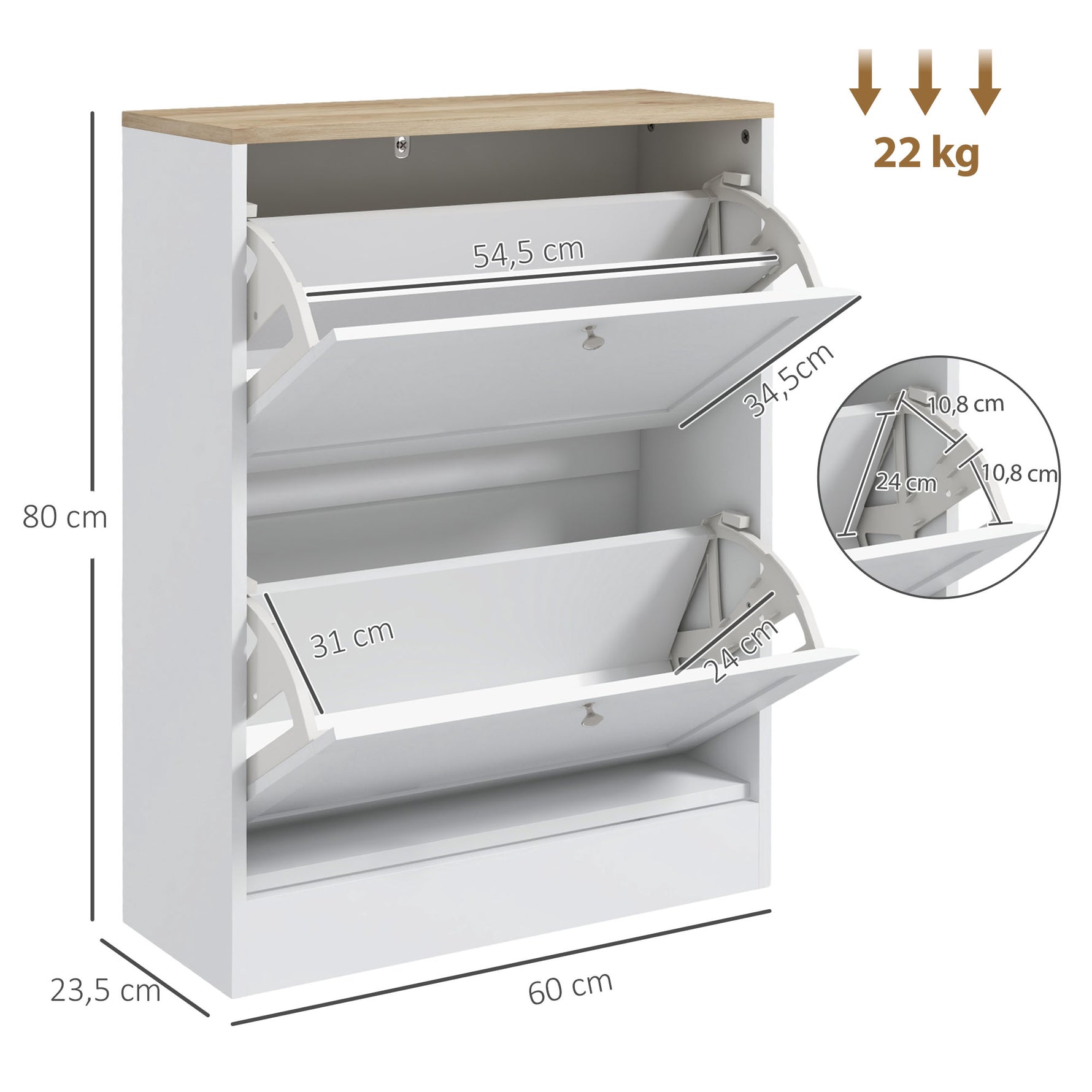 Meuble à chaussures 12 paires, meuble d'entrée avec 2 tiroirs rabattables et étagères réglables, 60 x 23,5 x 80cm, blanc