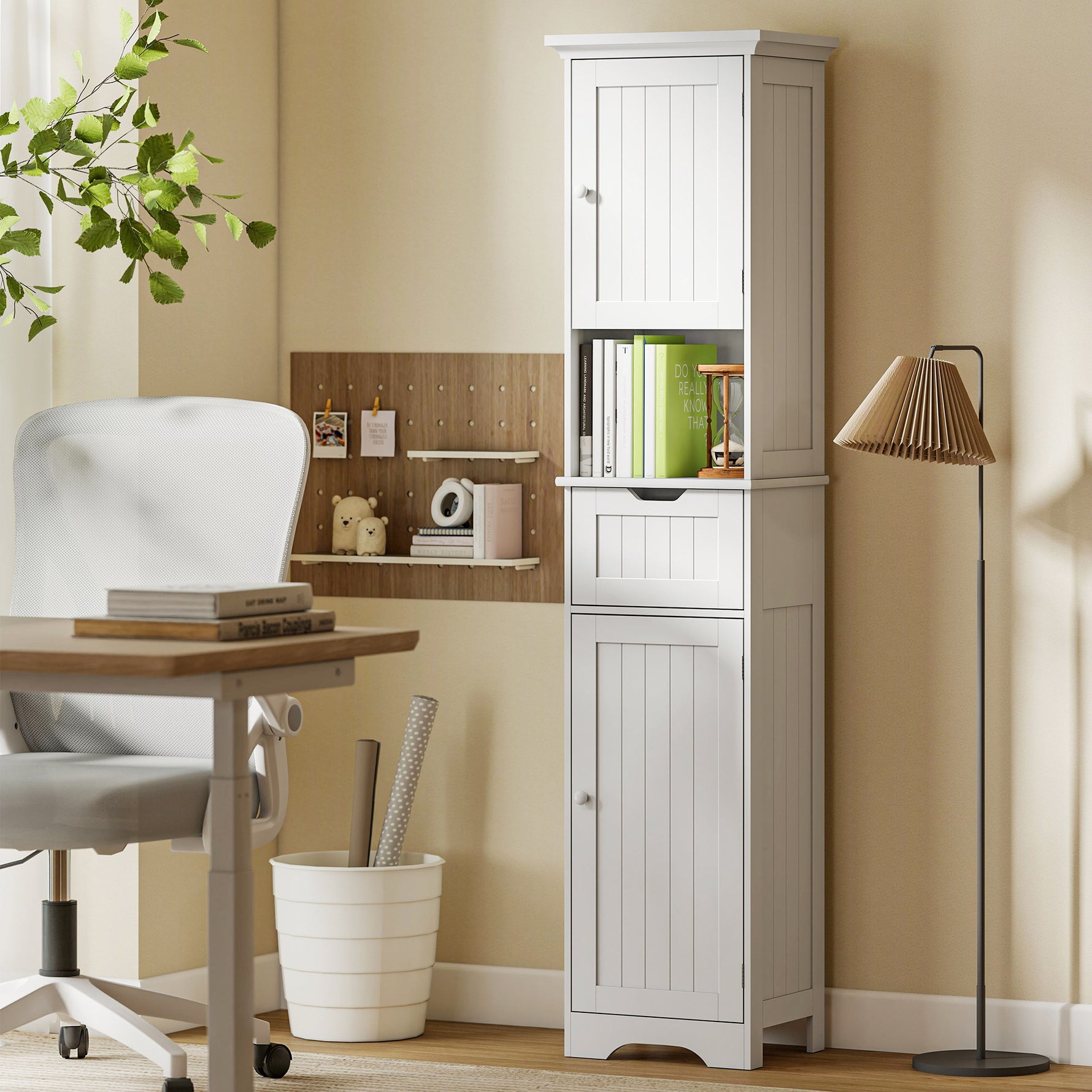 Meuble colonne salle de bain avec éclairage LED, meuble de rangement étroit, tiroir, 2 portes, 40x30x170cm, blanc