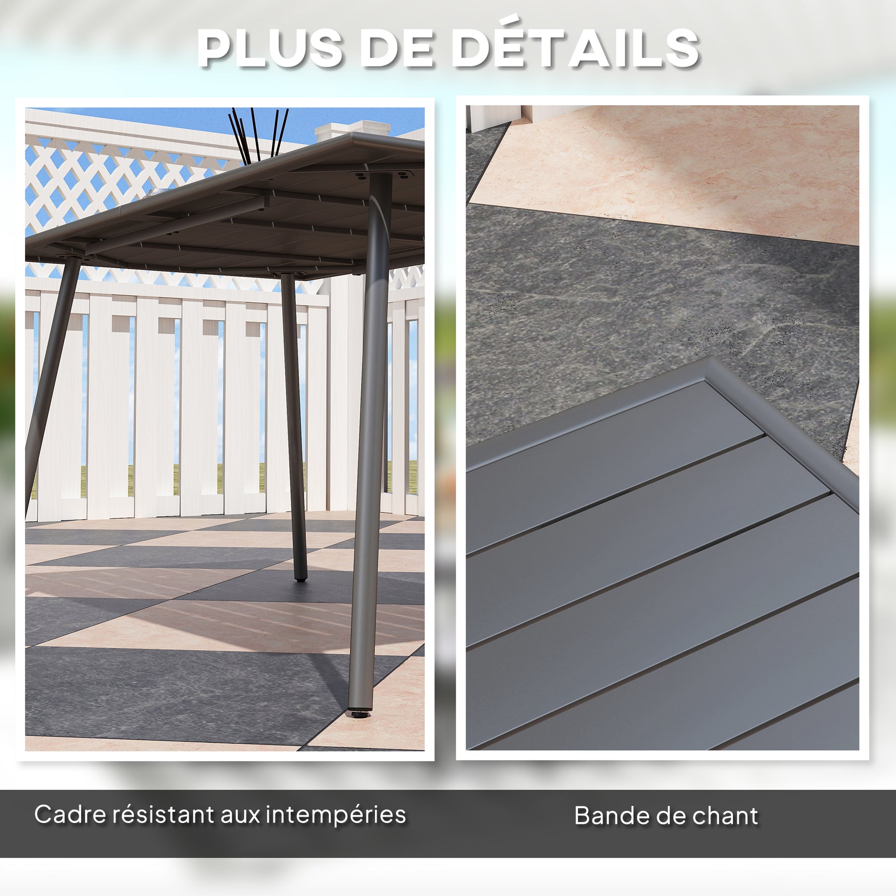Table à manger de jardin pour 6 personnes avec plateau à lattes pour jardin, patio, terrasse, 150 x 80 x 74 cm, gris
