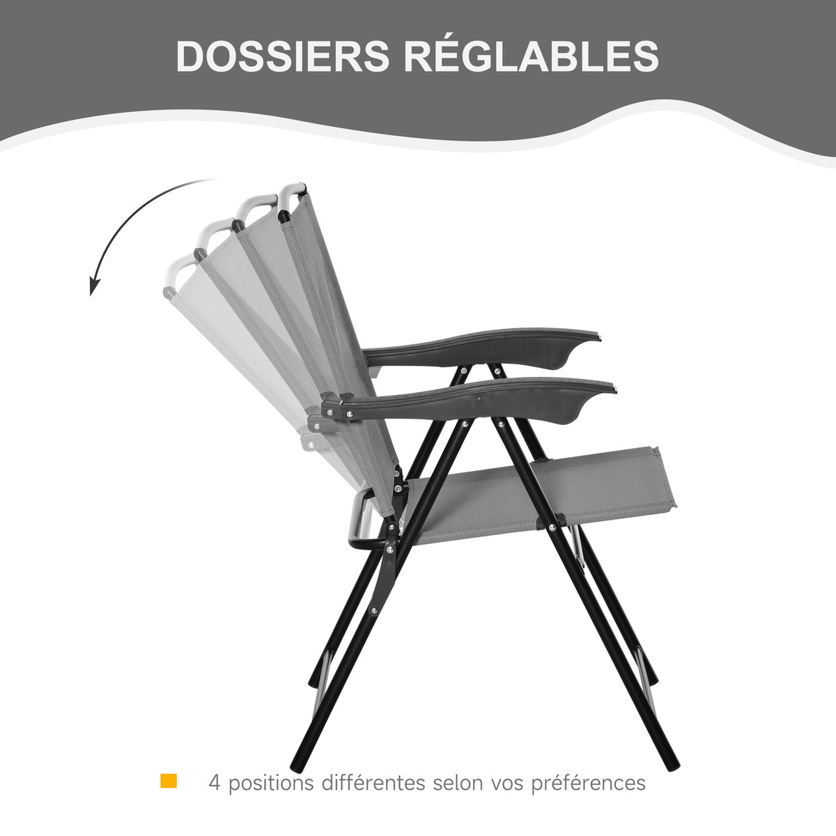 Ensemble de jardin 3 pièces 2 chaises inclinables multi-positions pliables table ronde verre trempé métal textilène gris