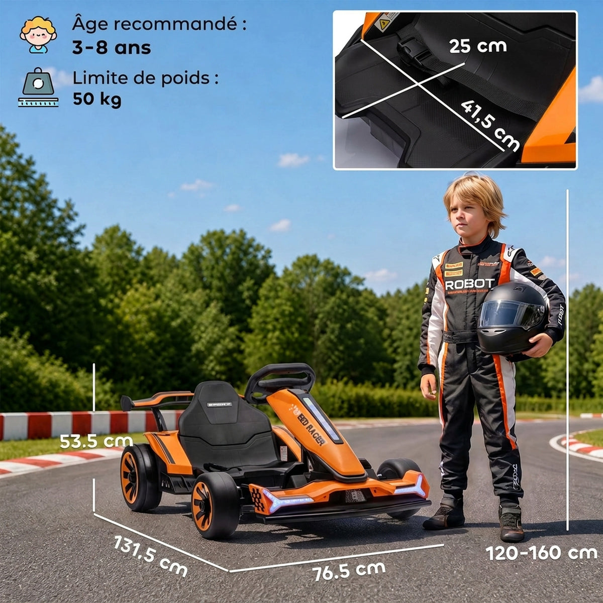 Kart Électrique pour Enfants 12 V, Go Kart, 2 Moteurs, Siège Réglable, Batterie au Lithium, Démarrage Progressif, Orange