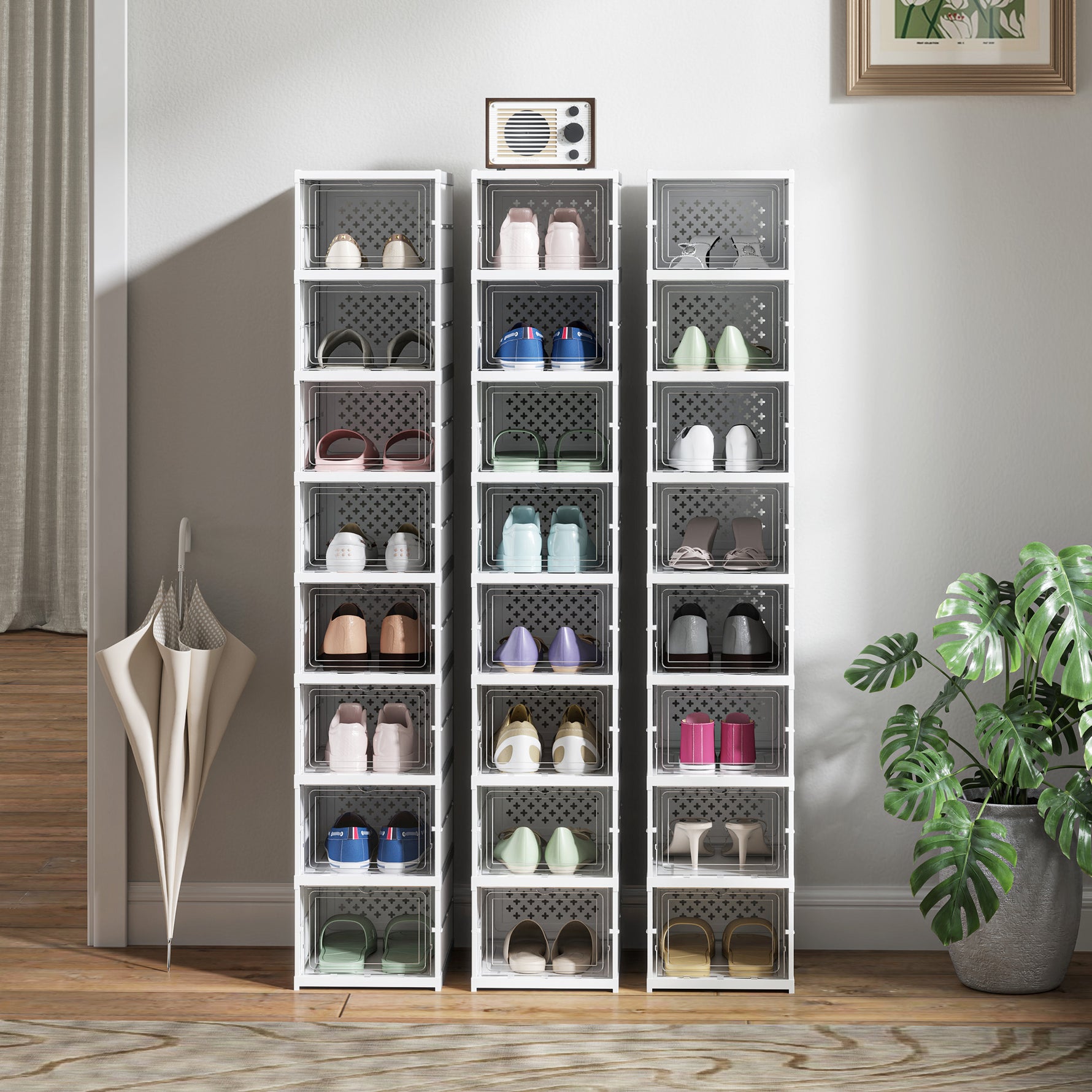 Lot de 8 boîtes à chaussures pliables en plastique empilables avec couvercles, pour pointure jusqu'à 43, blanc