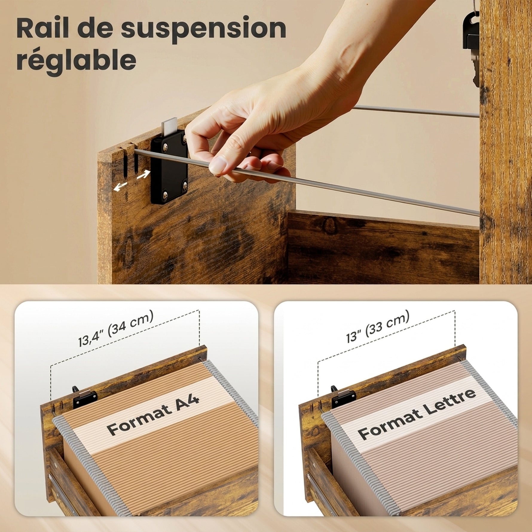 Caisson de Bureau Mobile avec 3 Tiroirs Verrouillables, Caisson de Rangement sur Roulettes, 40 x 40 x 69,5 cm, Marron