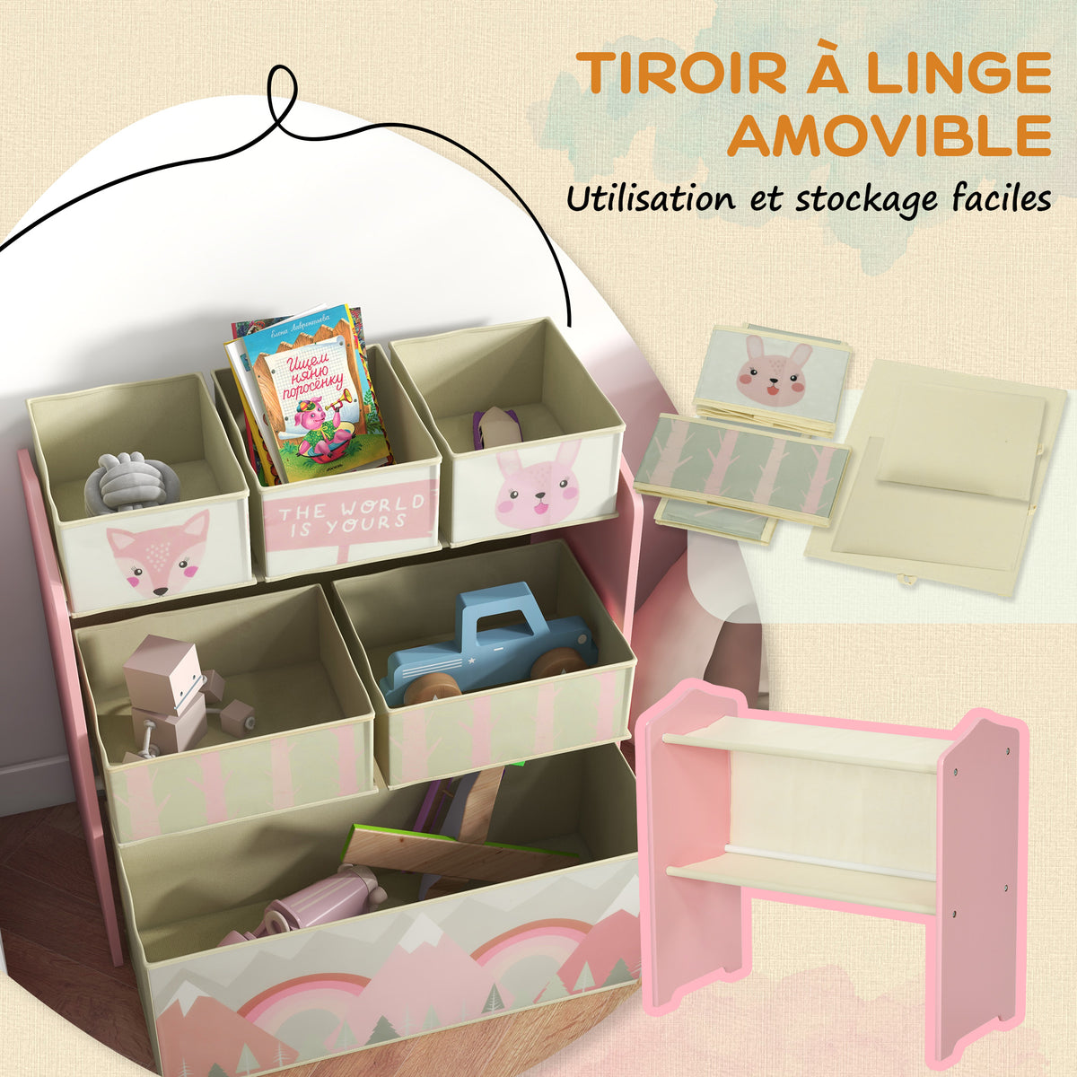 Doppelseitige Staffelei mit Papierrolle, 2 Körben + Spielzeugschrank mit 6 Aufbewahrungsboxen, 63 x 30 x 66 cm, rosa