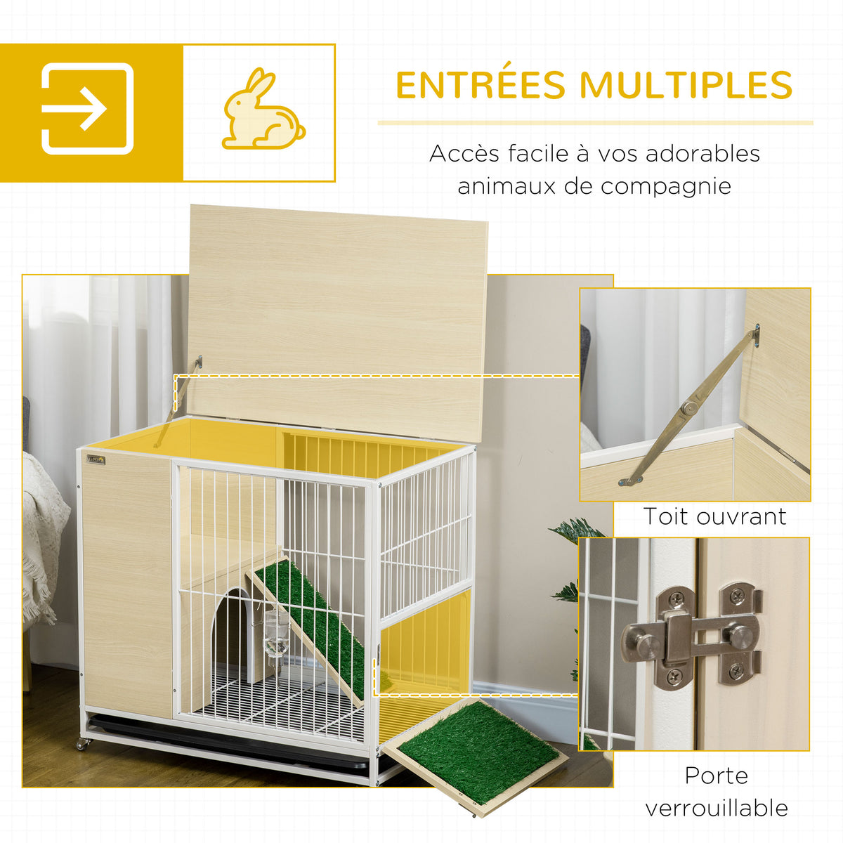Cage à lapin clapier sur roulettes toit ouvrant plates-formes avec plateau amovible 78 x 52,5 x 76,5 cm naturel